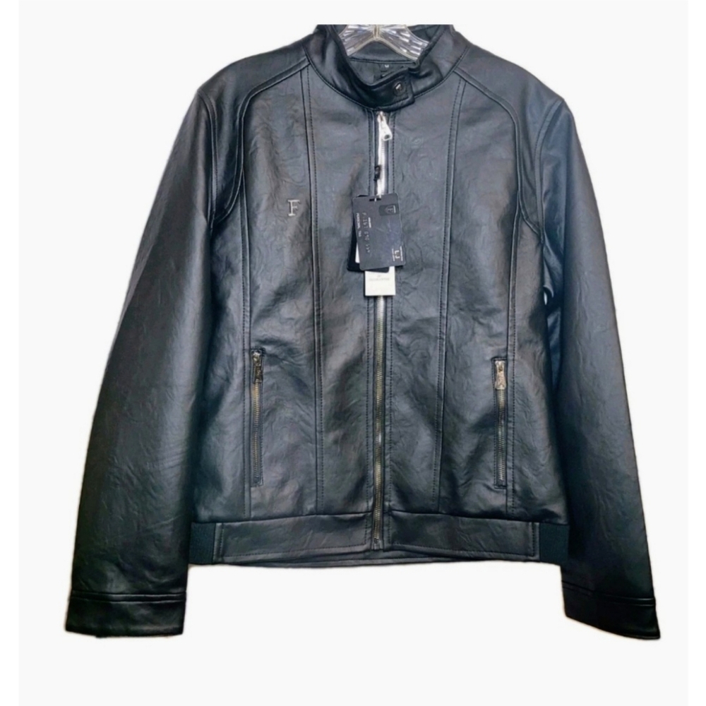 F-COLLECTION Luxury Black Motorcycle Jacket Vegan Leather Size M Zip Up NWT